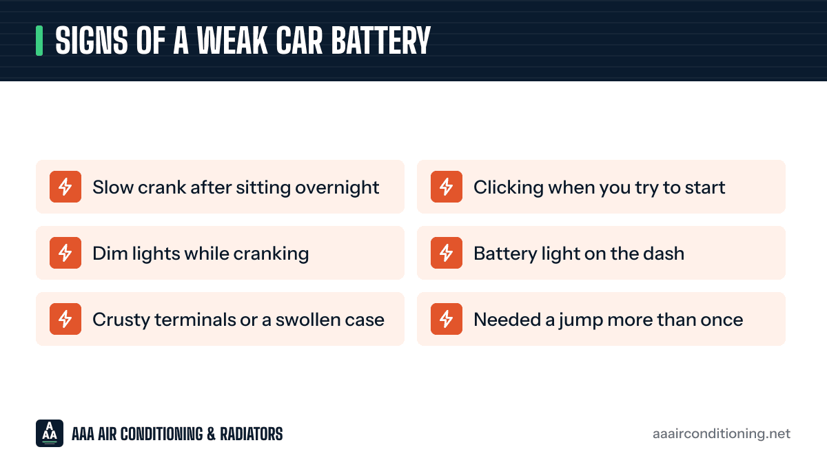 Warning signs of a weak car battery: slow crank, clicking, dim lights, battery light, crusty terminals