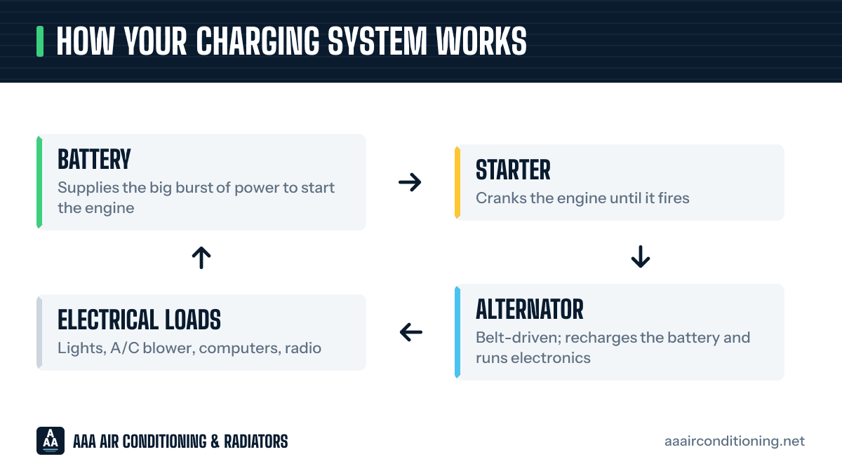 How the alternator, battery and starter work together in the charging system