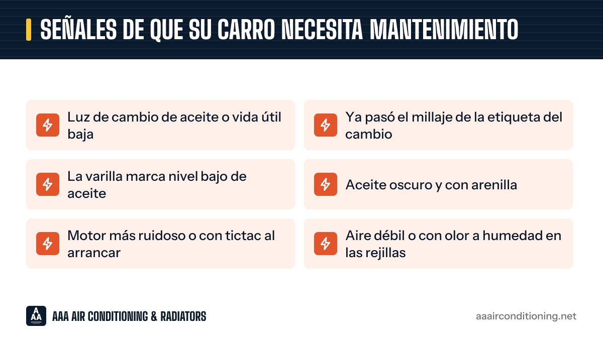 Señales de que su carro necesita mantenimiento: gráfico con las 6 señales de alerta que aparecen más abajo.