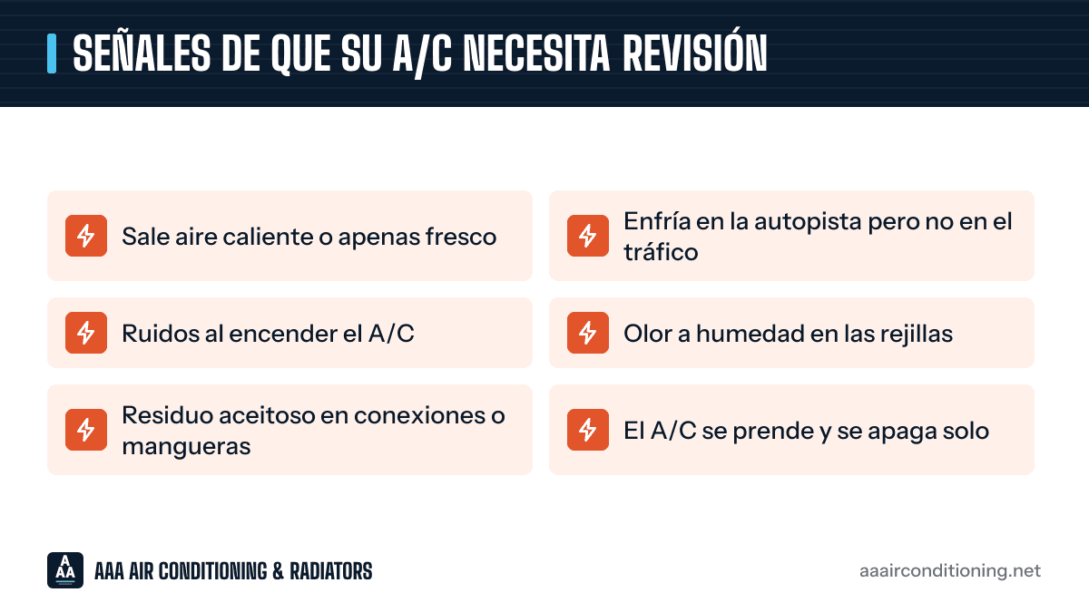 Señales de que su A/C necesita revisión: gráfico con las 6 señales de alerta que aparecen más abajo.