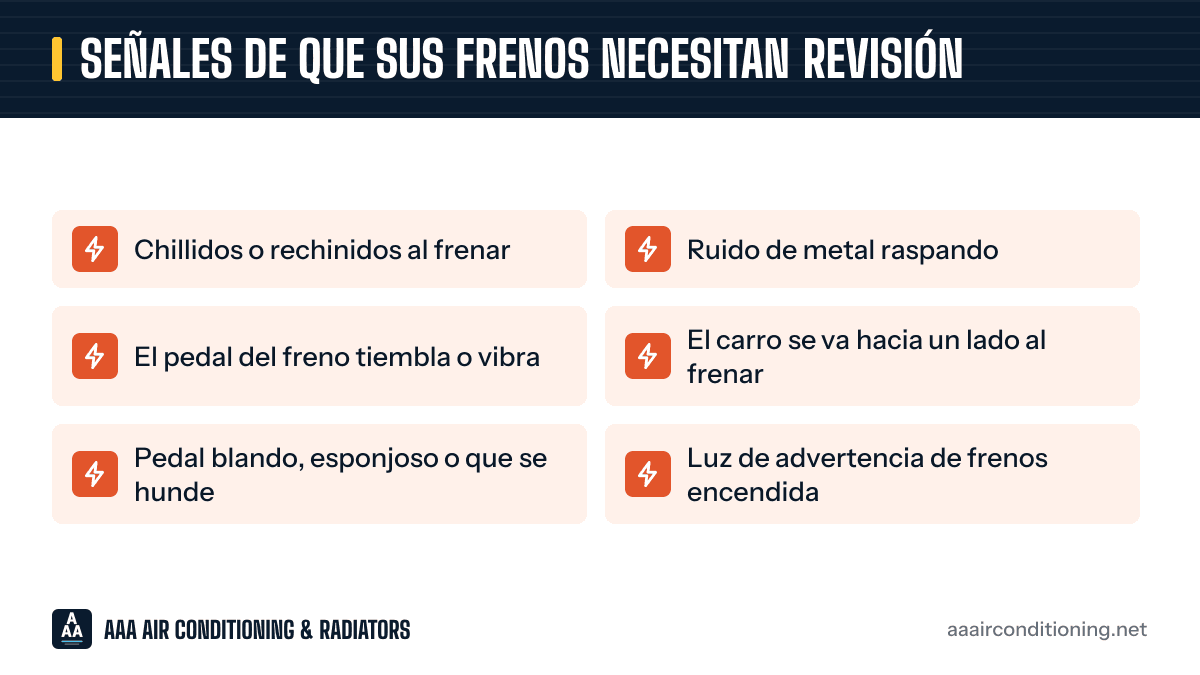 Señales de que sus frenos necesitan revisión: gráfico con las 6 señales de alerta que aparecen más abajo.