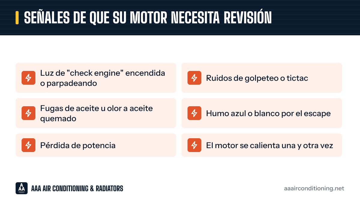 Señales de que su motor necesita revisión: gráfico con las 6 señales de alerta que aparecen más abajo.