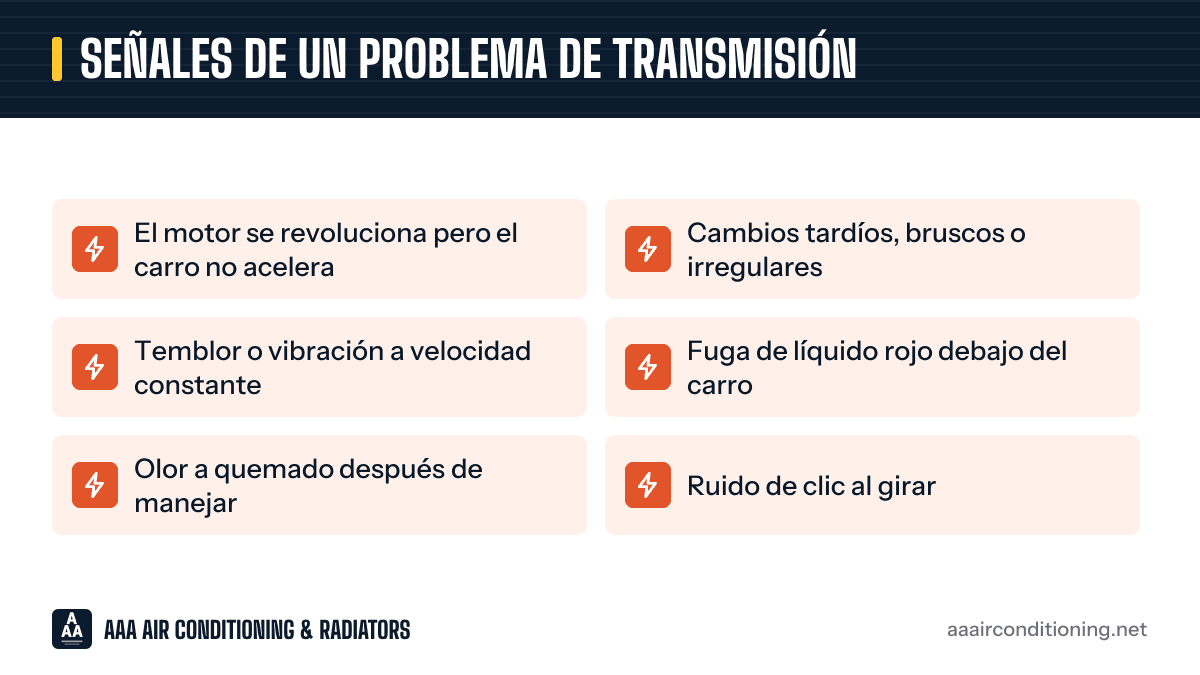 Señales de un problema de transmisión: gráfico con las 6 señales de alerta que aparecen más abajo.