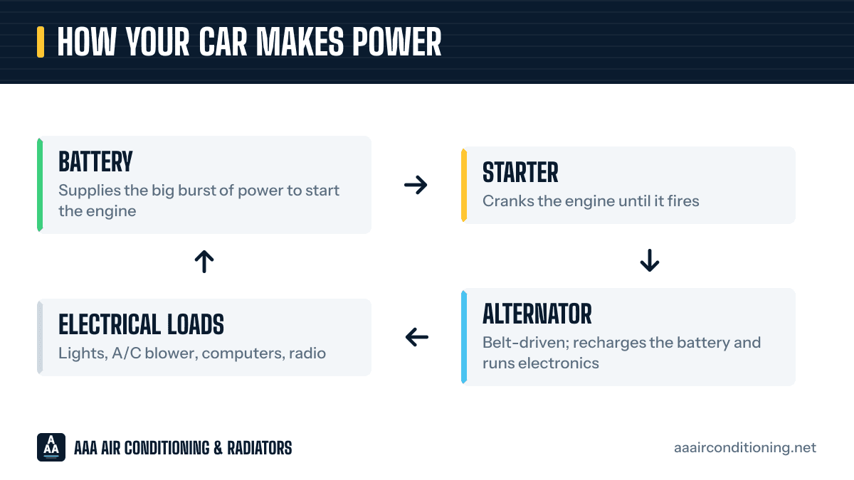 How your car makes power: battery (supplies the big burst of power to start the engine), then starter (cranks the engine until it fires), then alternator (belt-driven; recharges the battery and runs electronics), then electrical loads (lights, a/c blower, computers, radio), and back around.