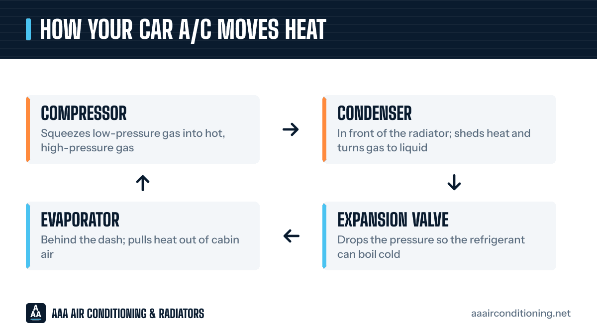 How your car A/C moves heat: compressor (squeezes low-pressure gas into hot, high-pressure gas), then condenser (in front of the radiator; sheds heat and turns gas to liquid), then expansion valve (drops the pressure so the refrigerant can boil cold), then evaporator (behind the dash; pulls heat out of cabin air), and back around.