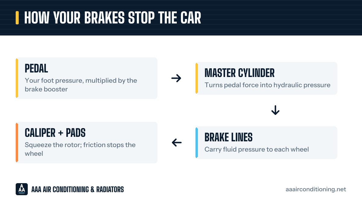 How your brakes stop the car: pedal (your foot pressure, multiplied by the brake booster), then master cylinder (turns pedal force into hydraulic pressure), then brake lines (carry fluid pressure to each wheel), then caliper + pads (squeeze the rotor; friction stops the wheel).
