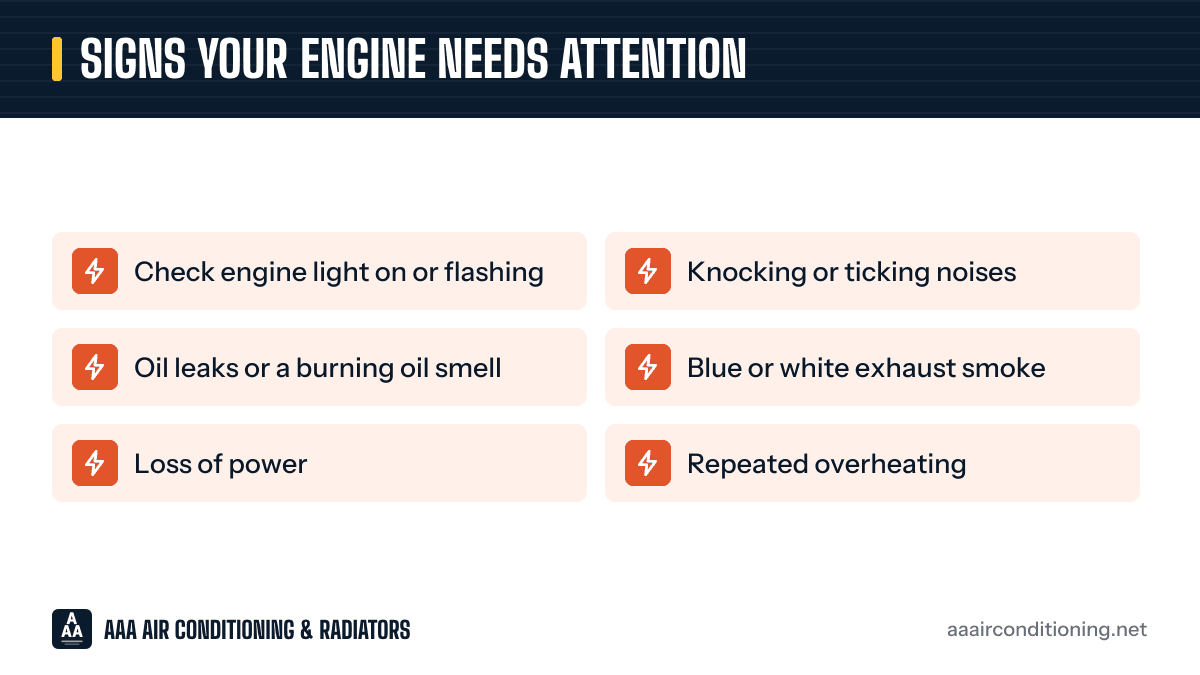 Signs your engine needs attention: a checklist graphic of the 6 warning signs listed under the same heading below.