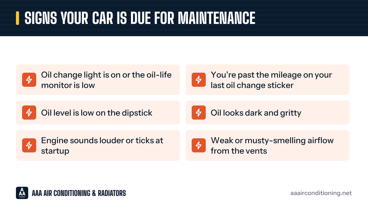 Signs your car is due for maintenance: a checklist graphic of the 6 warning signs listed under the same heading below.
