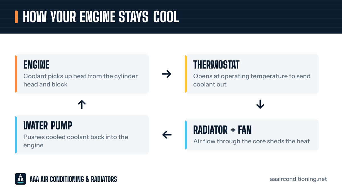 How your engine stays cool: engine (coolant picks up heat from the cylinder head and block), then thermostat (opens at operating temperature to send coolant out), then radiator + fan (air flow through the core sheds the heat), then water pump (pushes cooled coolant back into the engine), and back around.