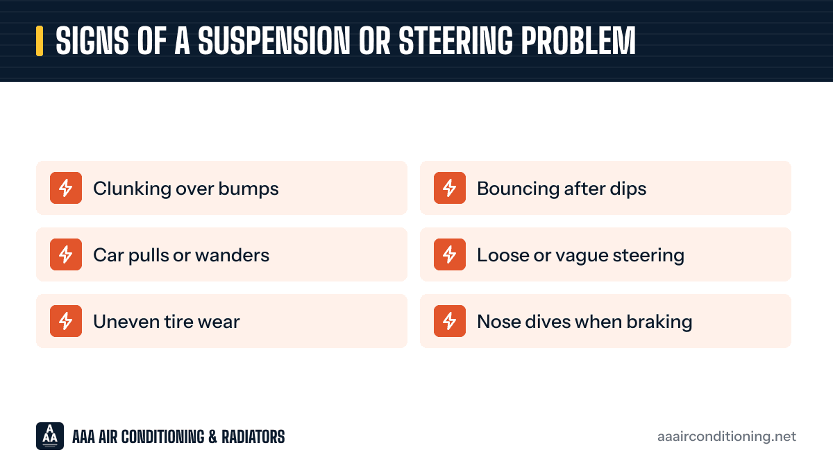 Signs of a suspension or steering problem: a checklist graphic of the 6 warning signs listed under the same heading below.