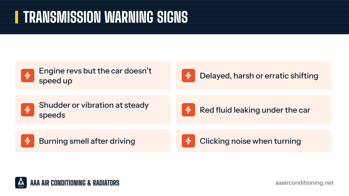 Transmission warning signs: a checklist graphic of the 6 warning signs listed under the same heading below.